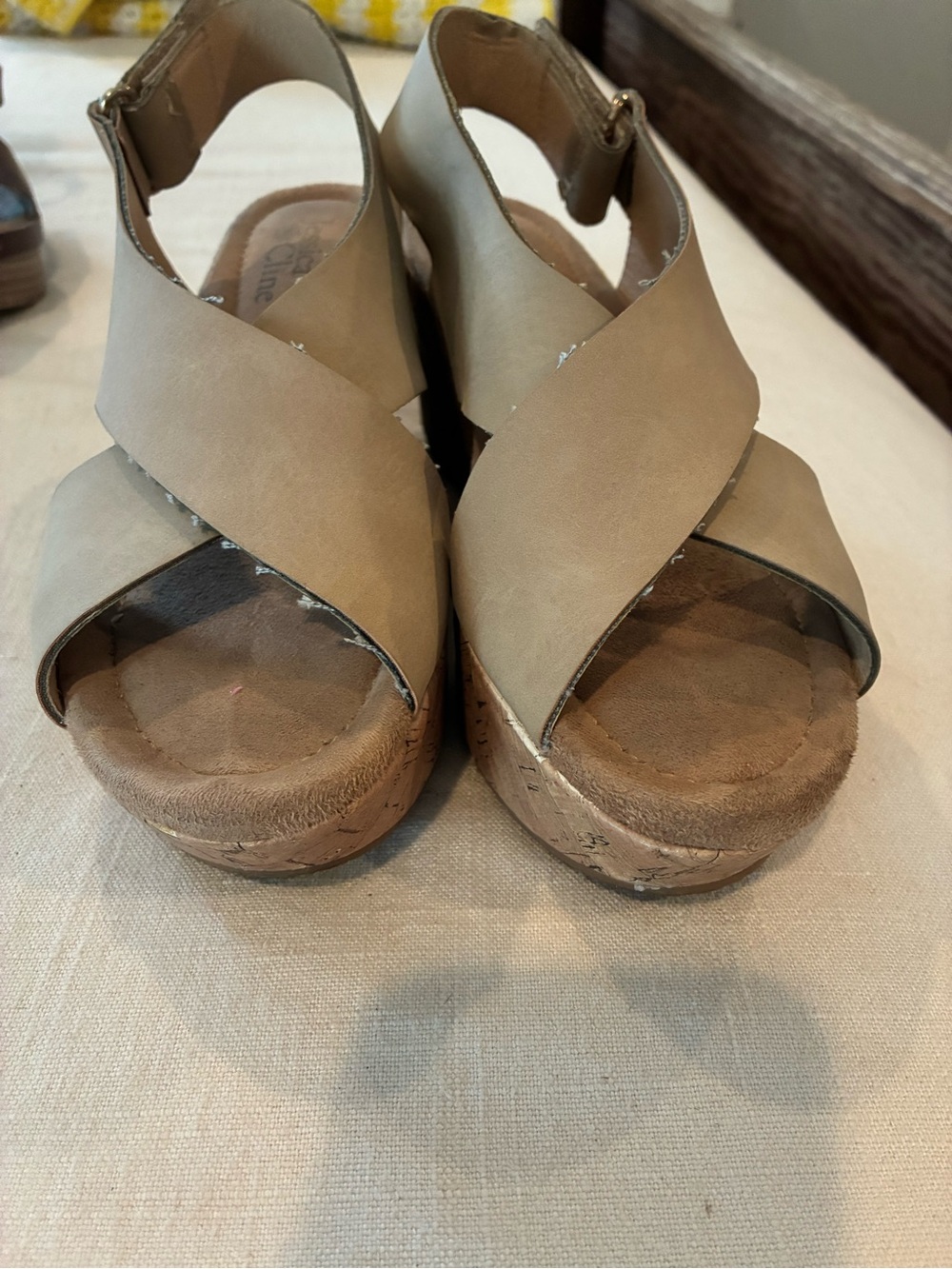 Women’s Taupe Cross-Strap Cork Wedge Sandals